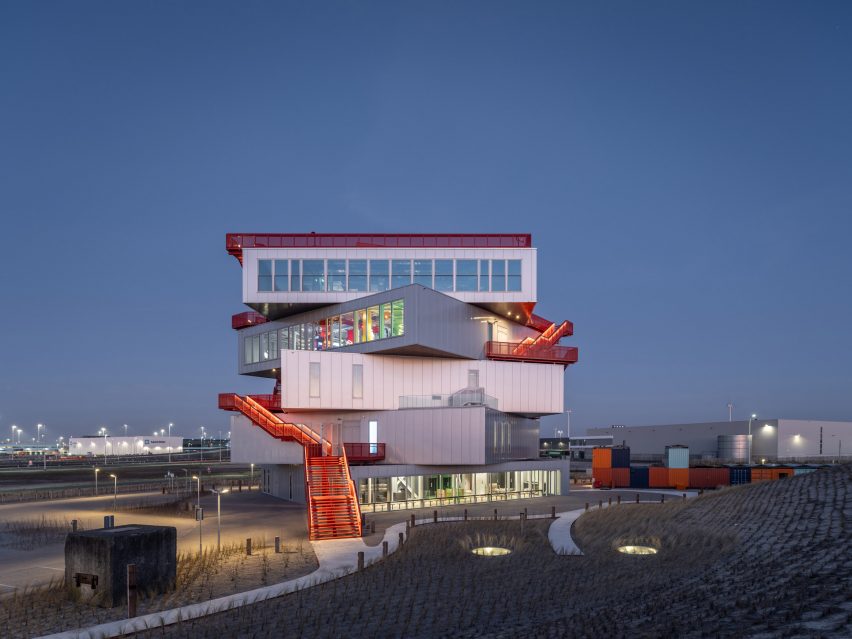 Portlantis exhibition centre illuminated at night