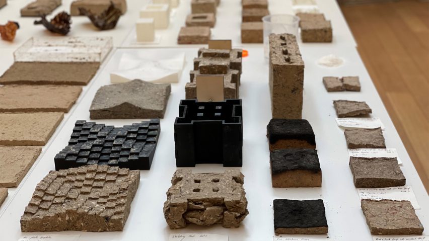 a photograph displaying students' biomaterial research placed on a white surface