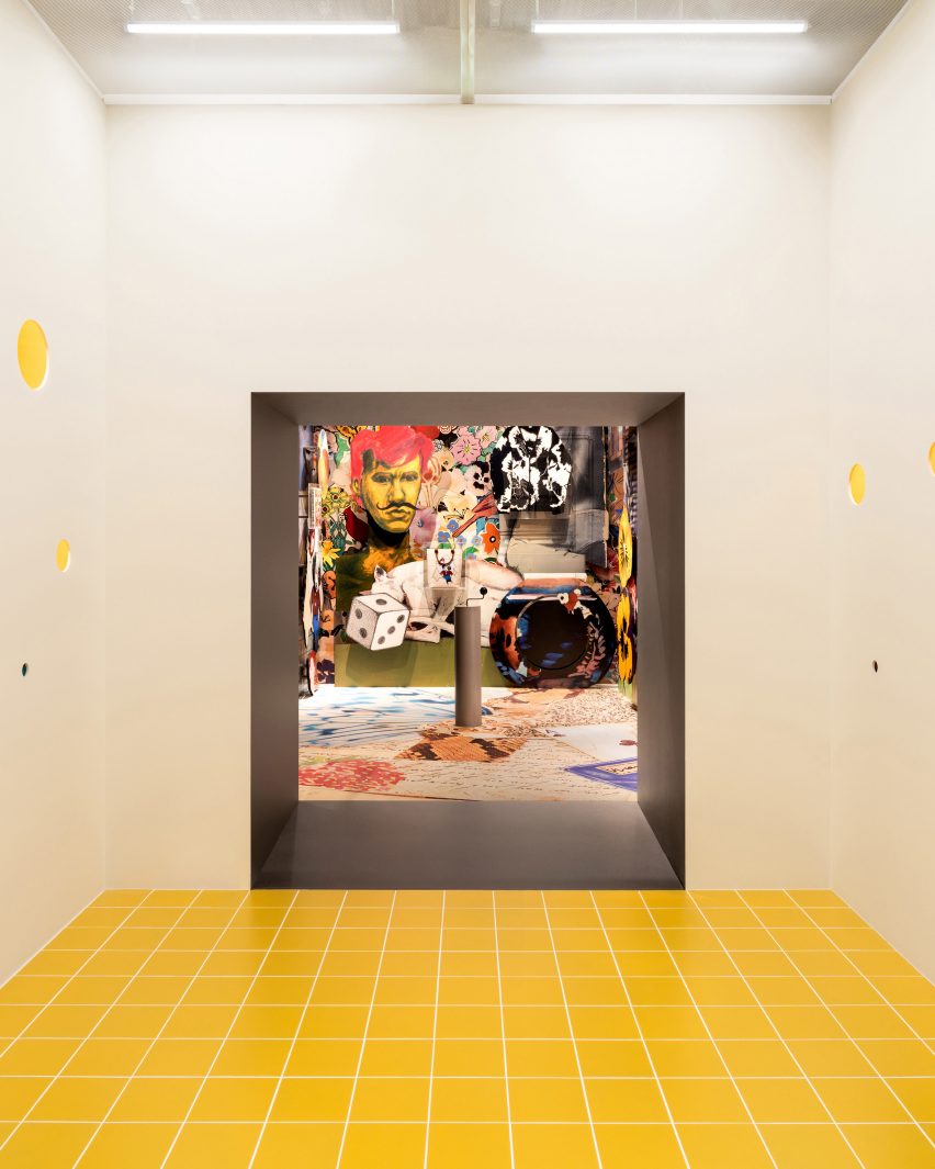 Yellow-tiled room at Harajuku exhibition