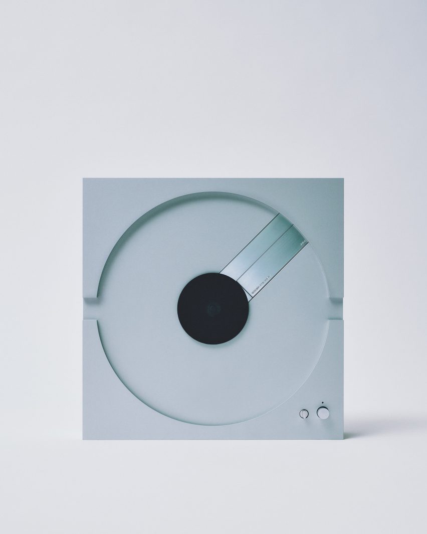 Metal record player on its side