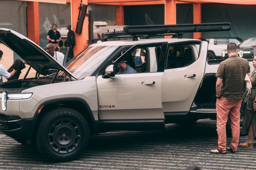 Photo of Rivian's Tri-Motor R1 truck in the colour California Dune at SXSW in Austin, Texas