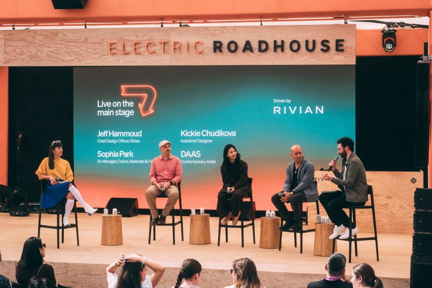 Photo of speakers on stage at a panel discussion at Rivian's Electric Roadhouse at SXSW 2025
