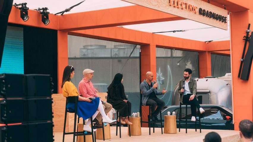 Photo of speakers at a panel discussion at Rivian's Electric Roadhouse at SXSW 2025
