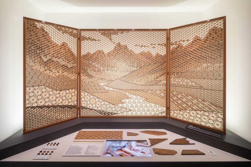 Intricate timer latticework at The Craft of Carpentry exhibition at Japan House London