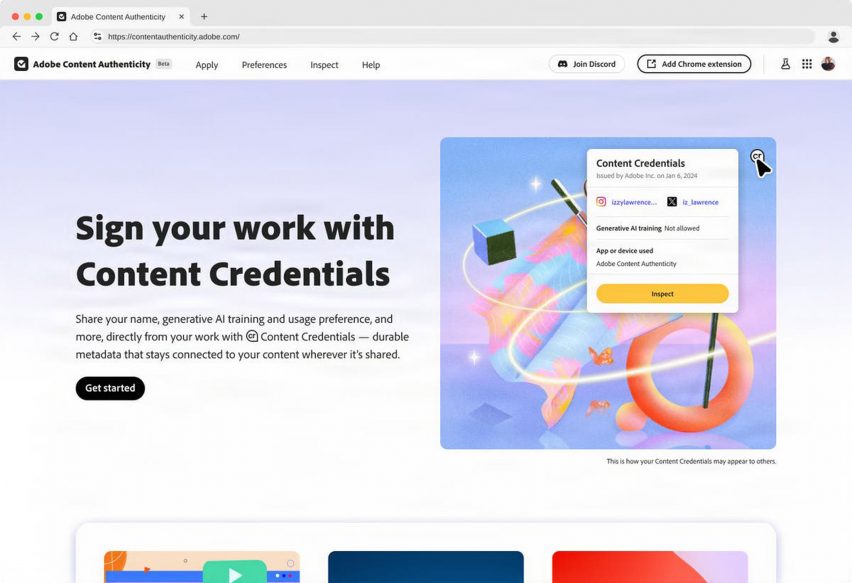 Screenshot of the Adobe Content Authenticity app website 