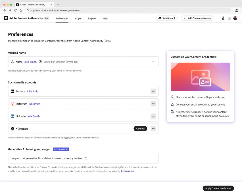 A screenshot of the Adobe Content Authenticity app