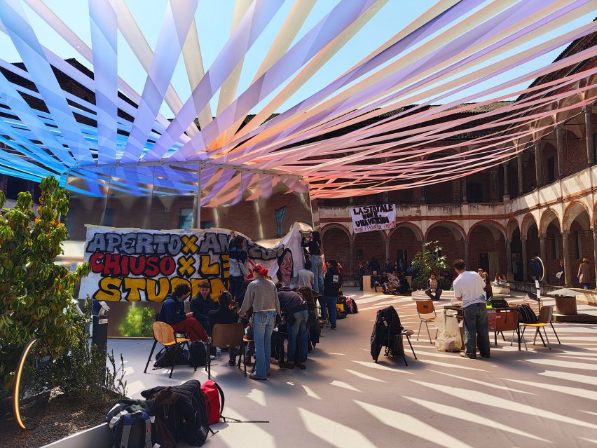 Protest at The Amazing Place installation during Milan design week 2025