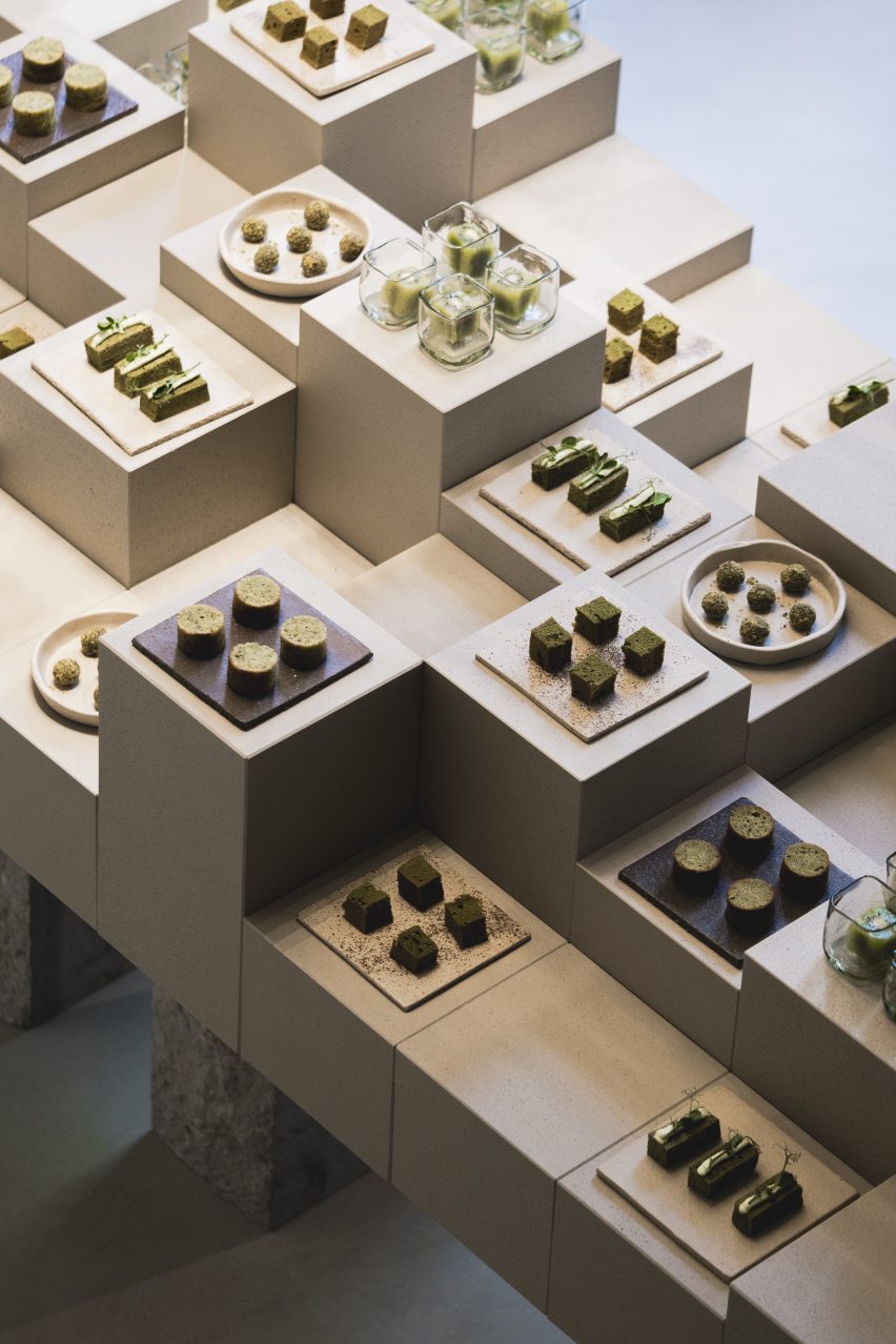 Green food items on display as part of installation 