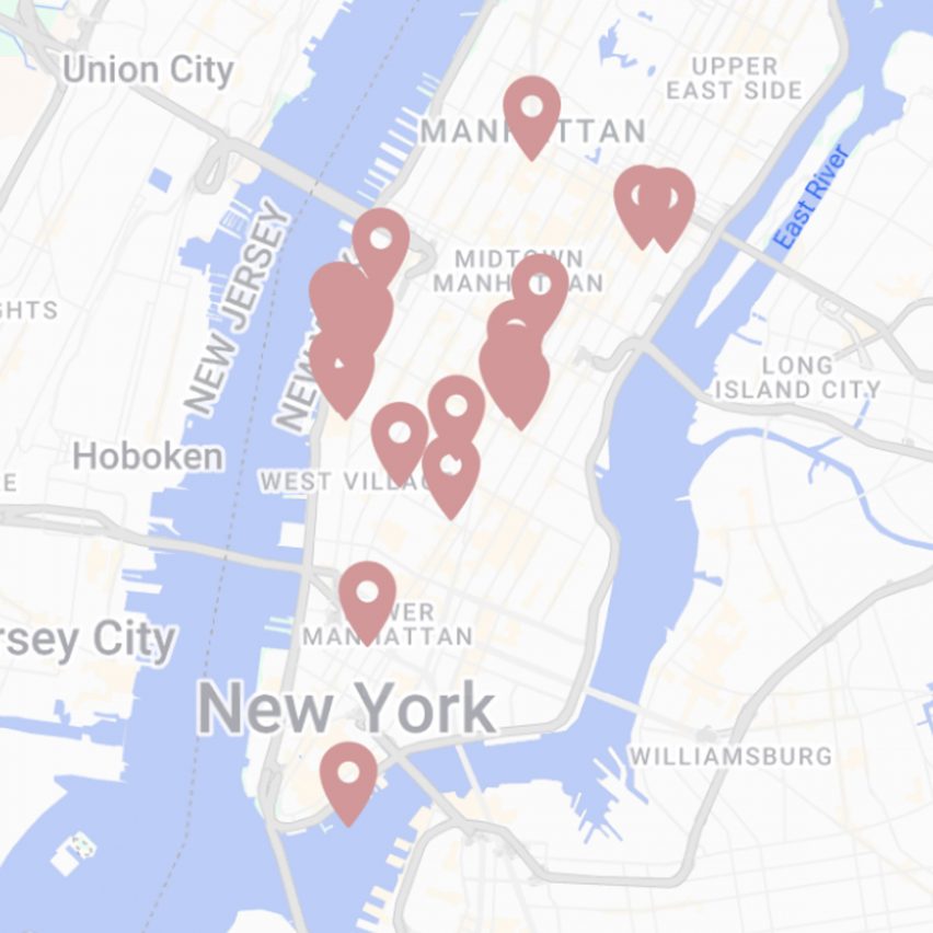 Map of New York City with pinks pins