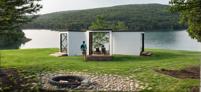 Rendering of a minimalist white home overlooking river landscape