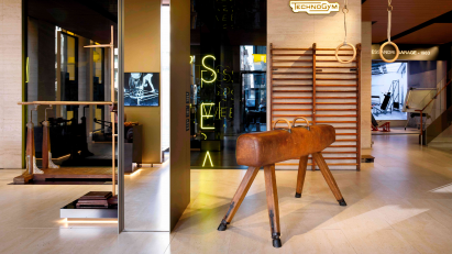 Gym equipment on display in Technogym installation