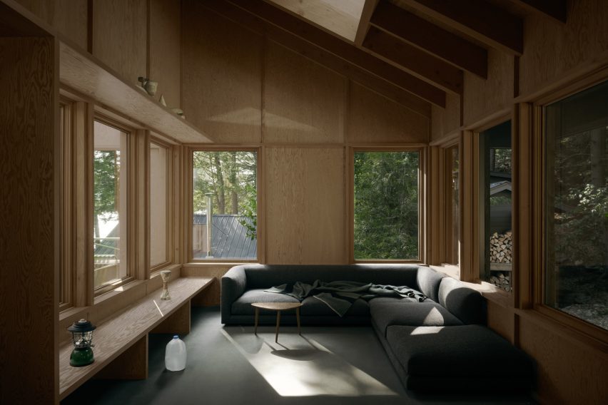 Living area within off-grid shelter by Anya Moryoussef Architect