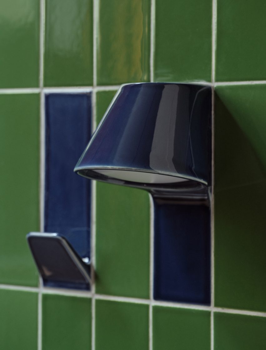 Blue ceramic tile hook and lamp