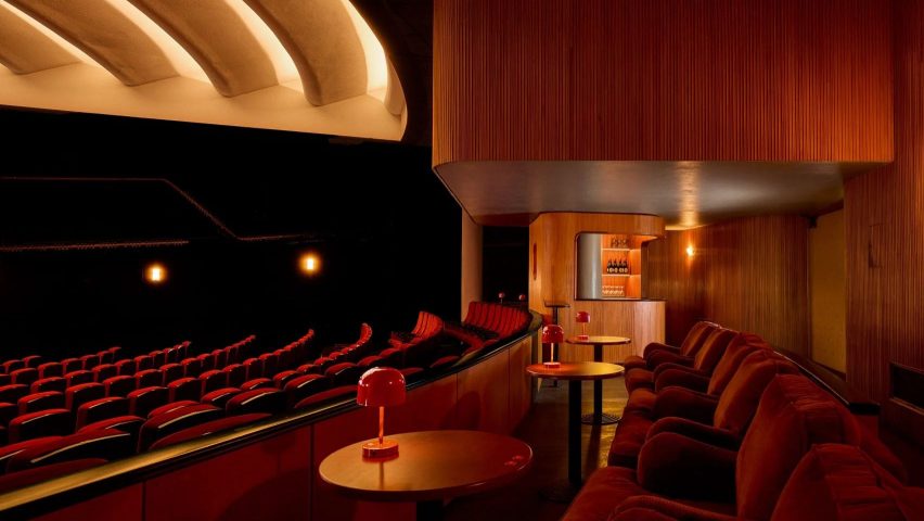 Swedish cinema revival with wooden curved bar