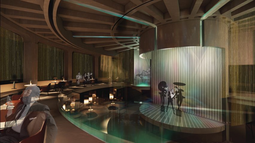 a visualisation of a bar in tones of beige, green and blue