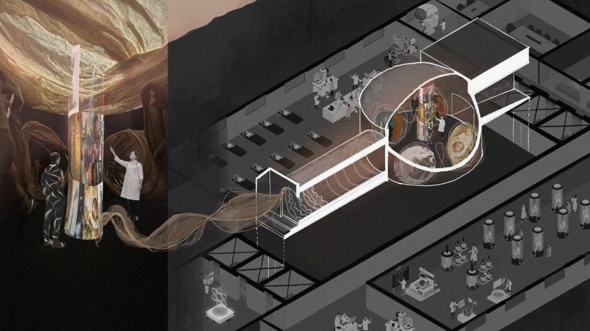 a visualisation of an abstract space for a headquarters, in tones of black, grey and brown