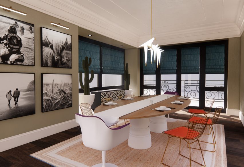 a visualisation of a dining room in tones of brown. there is black and white art on the walls and white and orange chairs around the table.