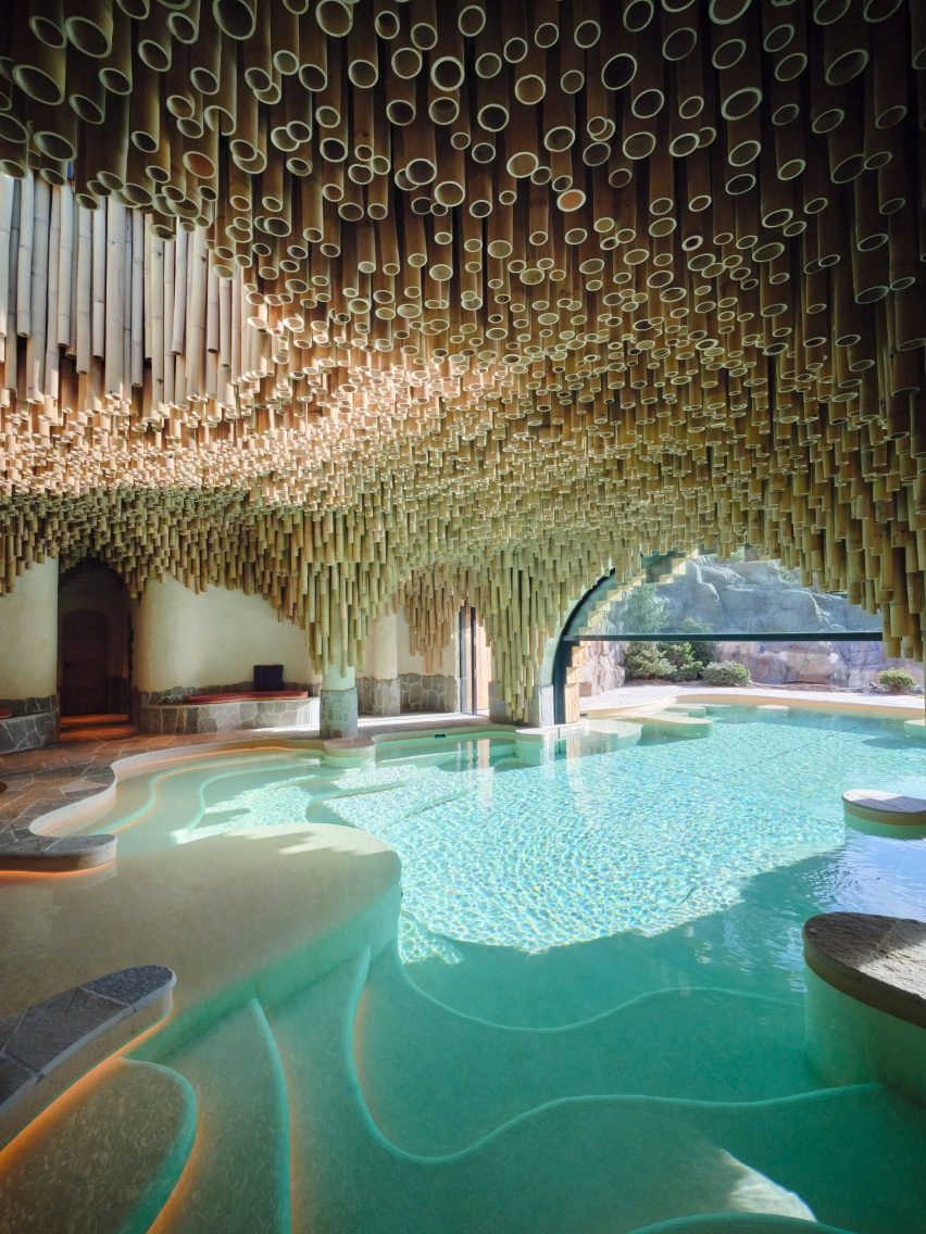 Indoor spa with bamboo roof Swiss chalet
