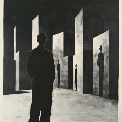 an image of a black silhouette amongst tones of grey and black