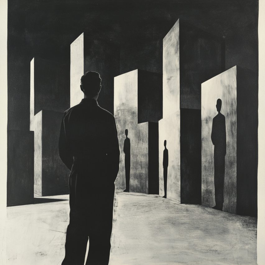 an image of a black silhouette amongst tones of grey and black