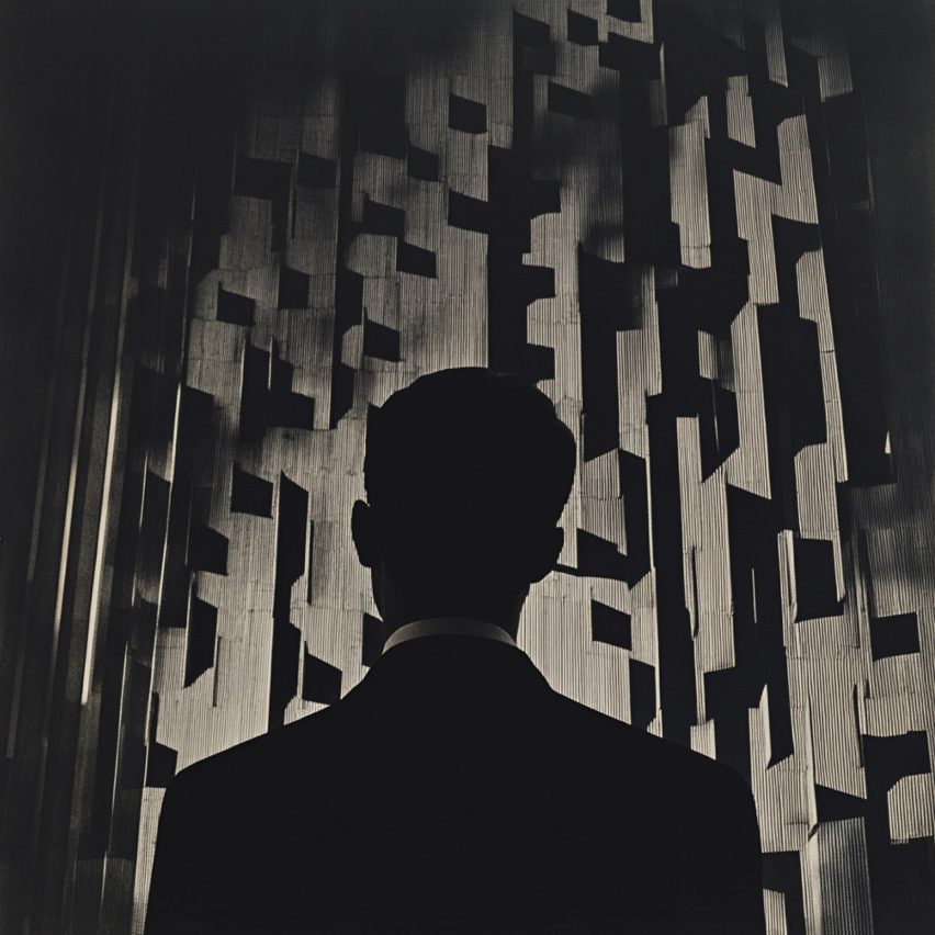 a black silhouette against a grey and black backdrop