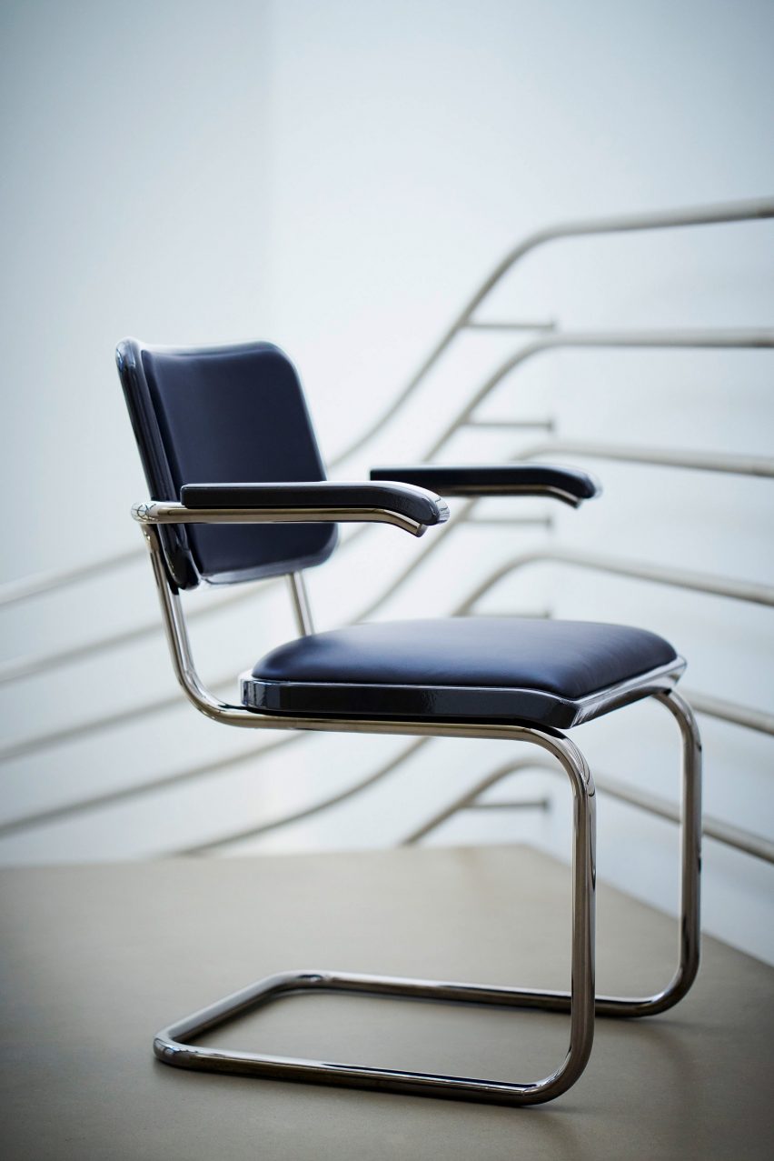 Blue cantilevered steel chair