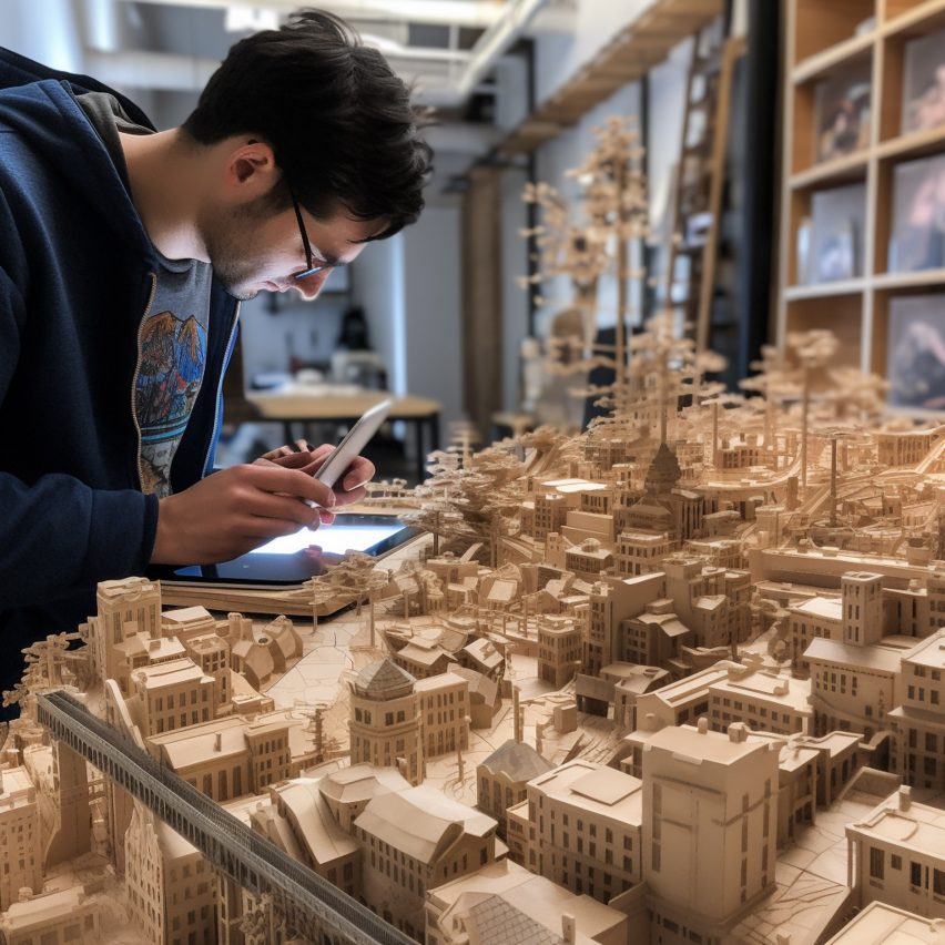 a photograph of a student working on an architecture model
