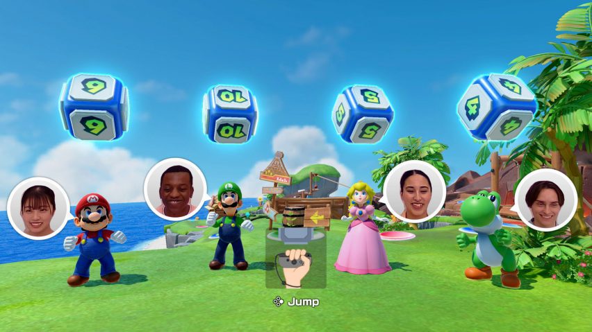 Video game still showing players playing Super Mario Party Jamboree