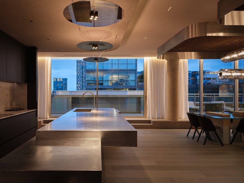 Kitchen and dining room with space-age lighting