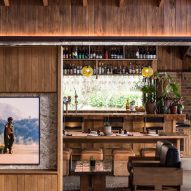 Interior of wood-panelled dining area and bar