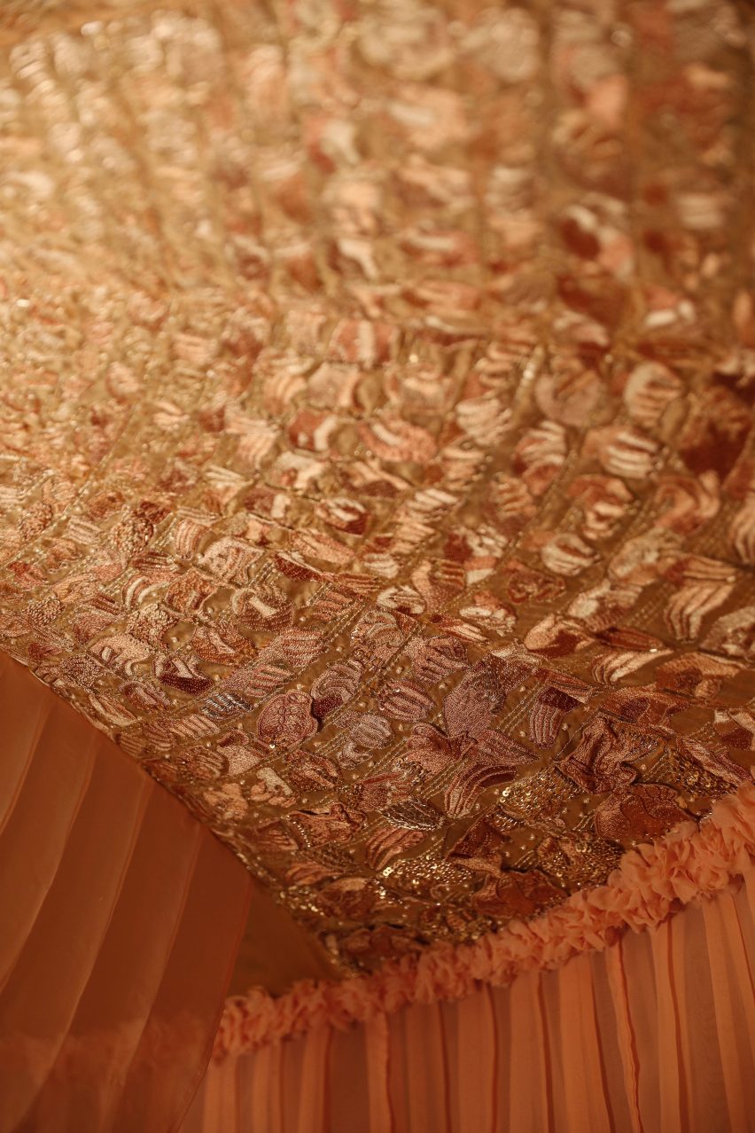 Embroidery on a fabric chandelier