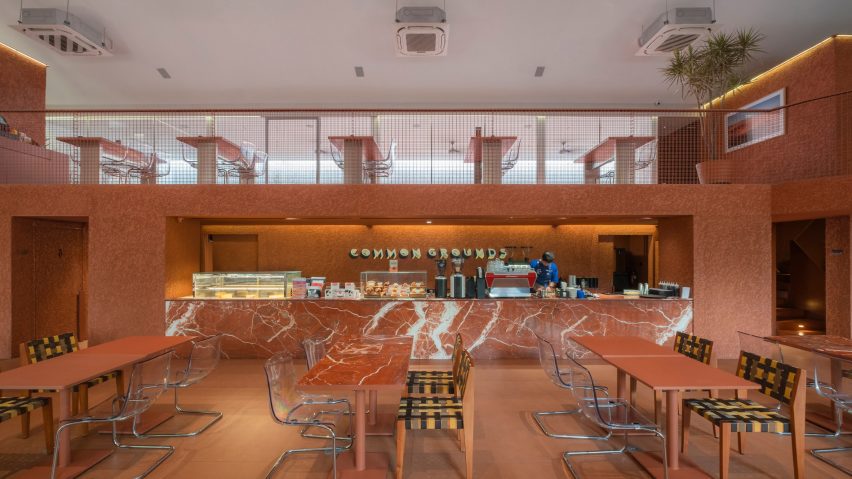 The cafe is filled with terracotta colour
