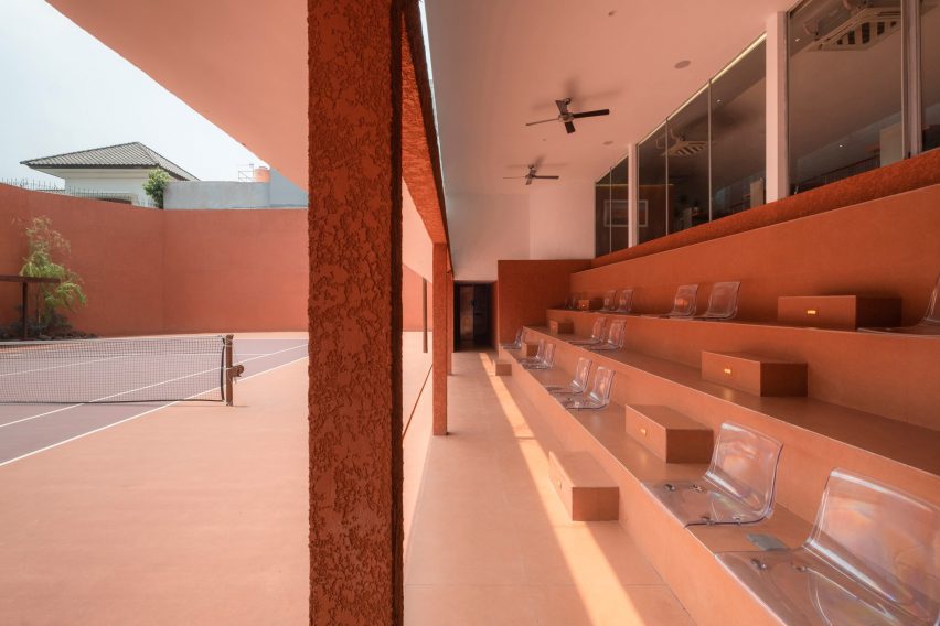 Tiered seating next to tennis court