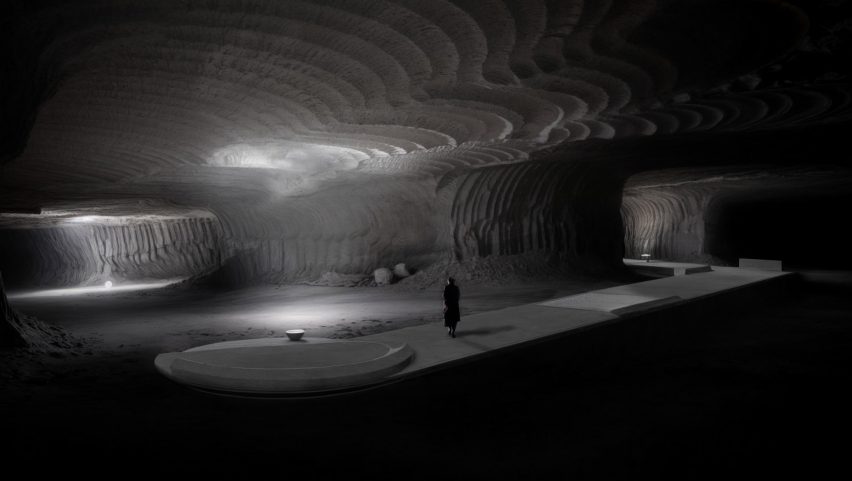 Digital image of a person standing underground in a salt mine 