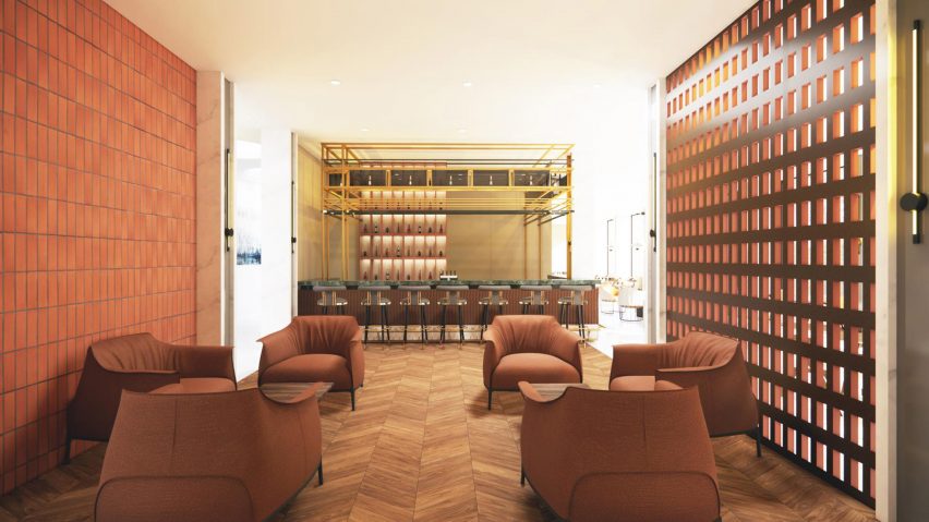 a visualisation of a hostel space in tones of orange and brown, with brown chairs and blue stools in the space.