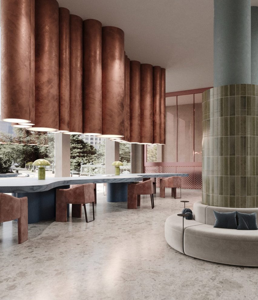 a visualisation of a hostel lobby in tones of beige, green, brown and blue.