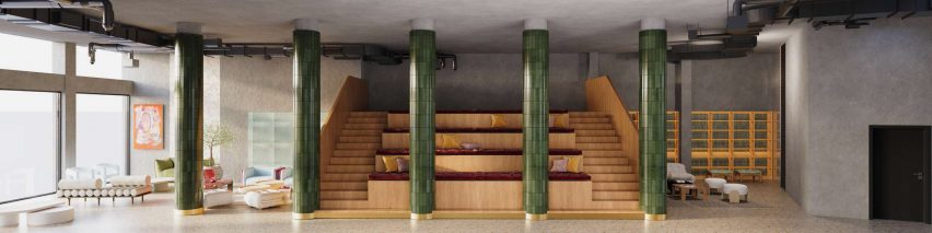 a visualisation of a space in a hostel, with grey walls and green pillars. there is a brown wooden staircase behind the pillars with seating on it and a large window to the left.