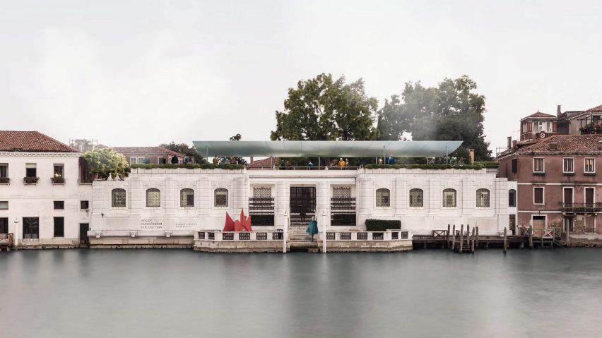 a visualisation of a white building on water