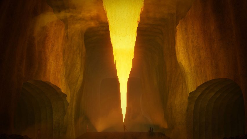 a visualisation of a salt mine with a large light installation in the centre, in warm tones of brown and orange
