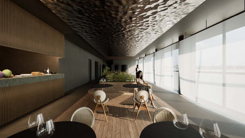 a visualisation of a hotel space in tones of beige, with chairs and tables throughout and a large window running along the right wall.