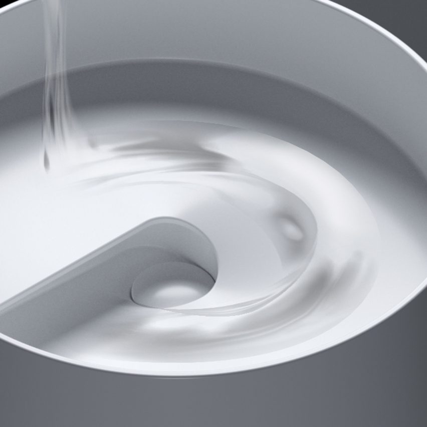 Close-up image of the Laufen Volta sink showing a rendering of water flowing in a circle around the sink