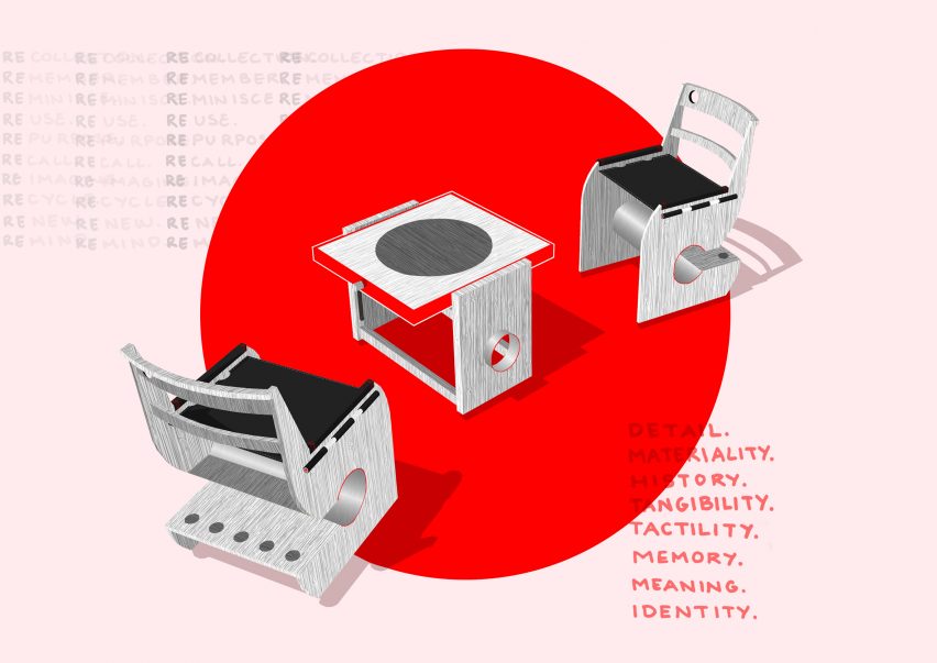 an illustration of two chairs and a table in tones of grey, against a pink and red backdrop
