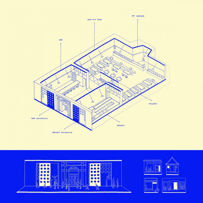 a labelled diagram in tones of blue and yellow of a building design