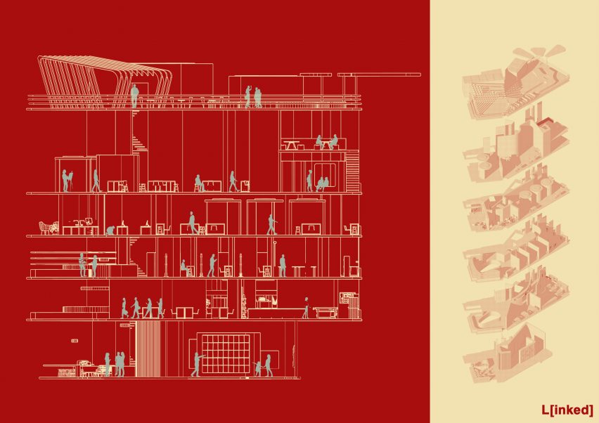 a diagram in tones of red and yellow of a building plan