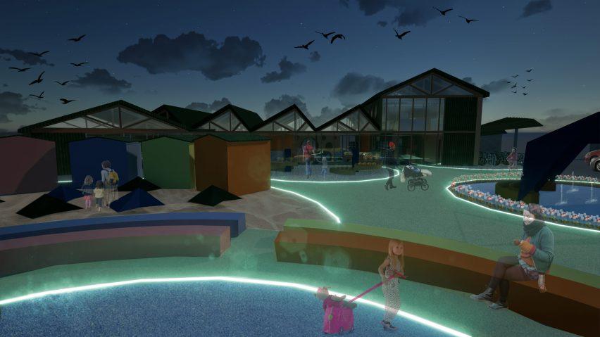 a visualisation of a park in with floors in tones of green and blue