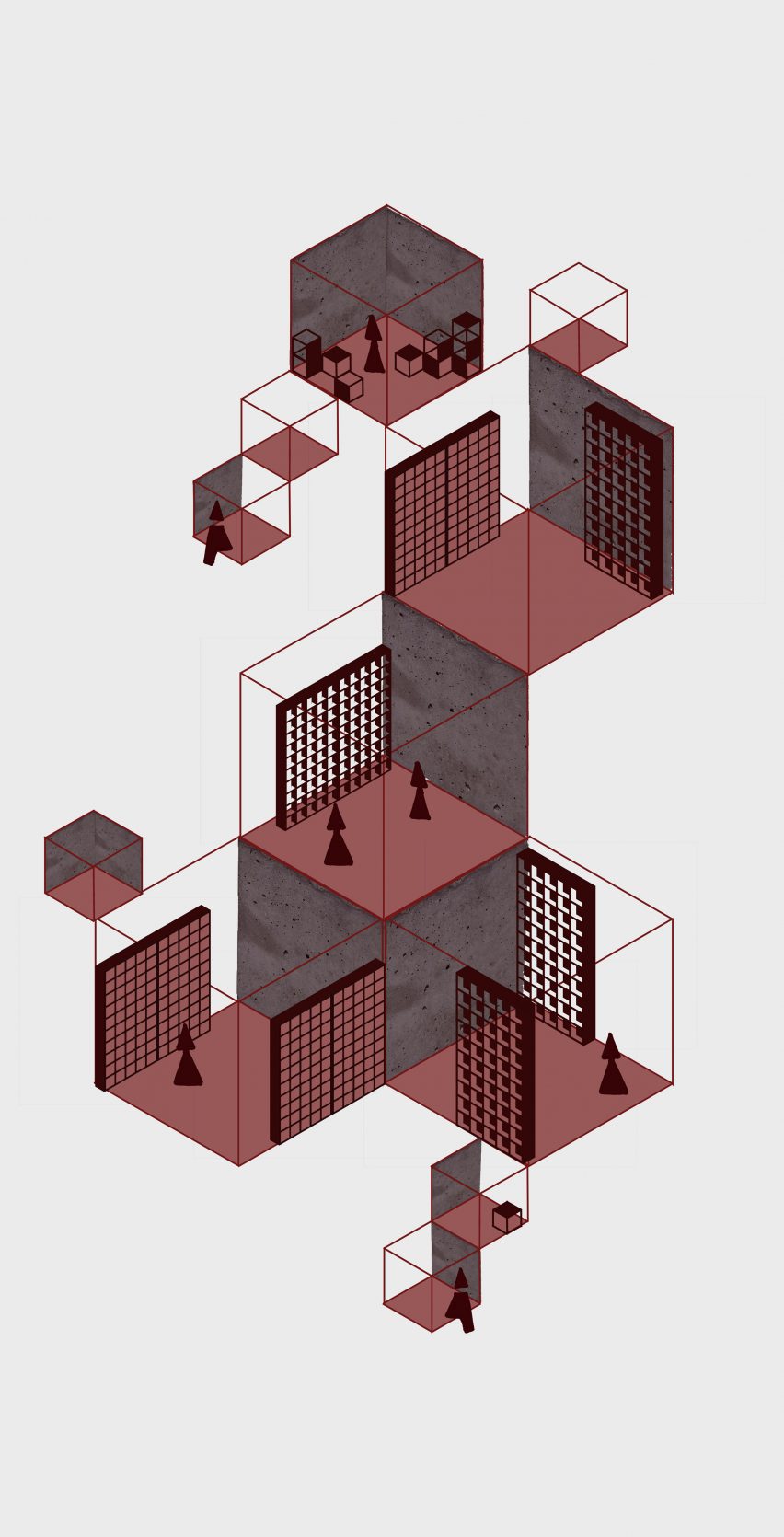 a digital illustration of a floor plan in tones of brown and red