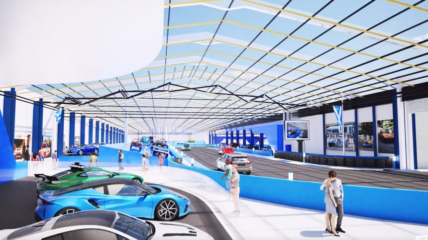 a visualisation of a car museum in tons of blue and white