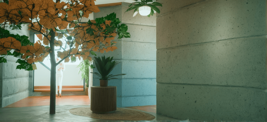 Render of interior with tree and plant