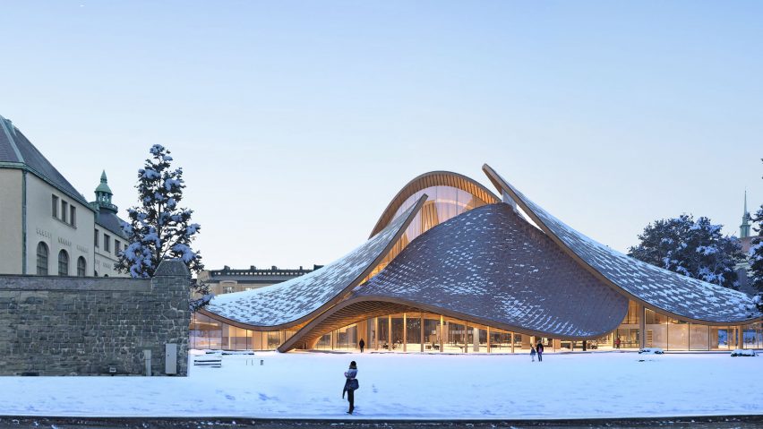 a visualisation of a museum in amongst a snowy environment