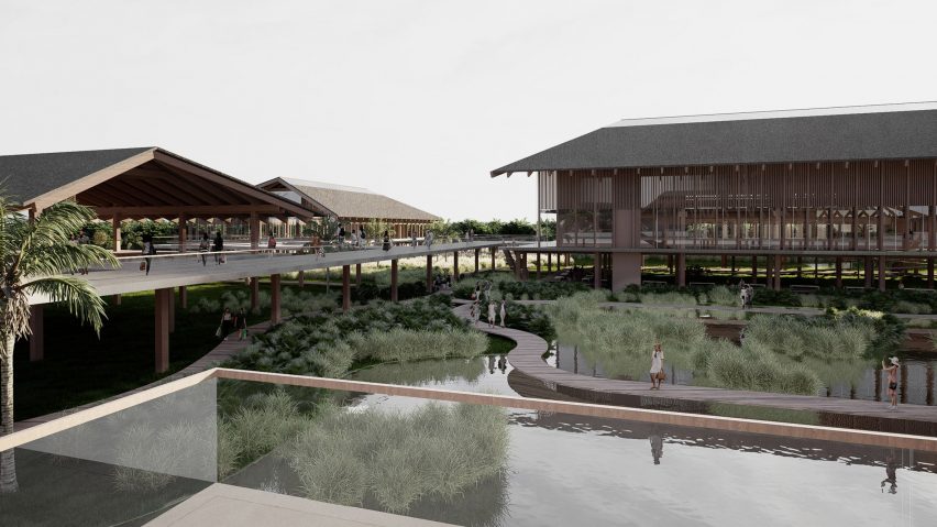 a visualisation of an agricultural site showing a lake and surrounding buildings